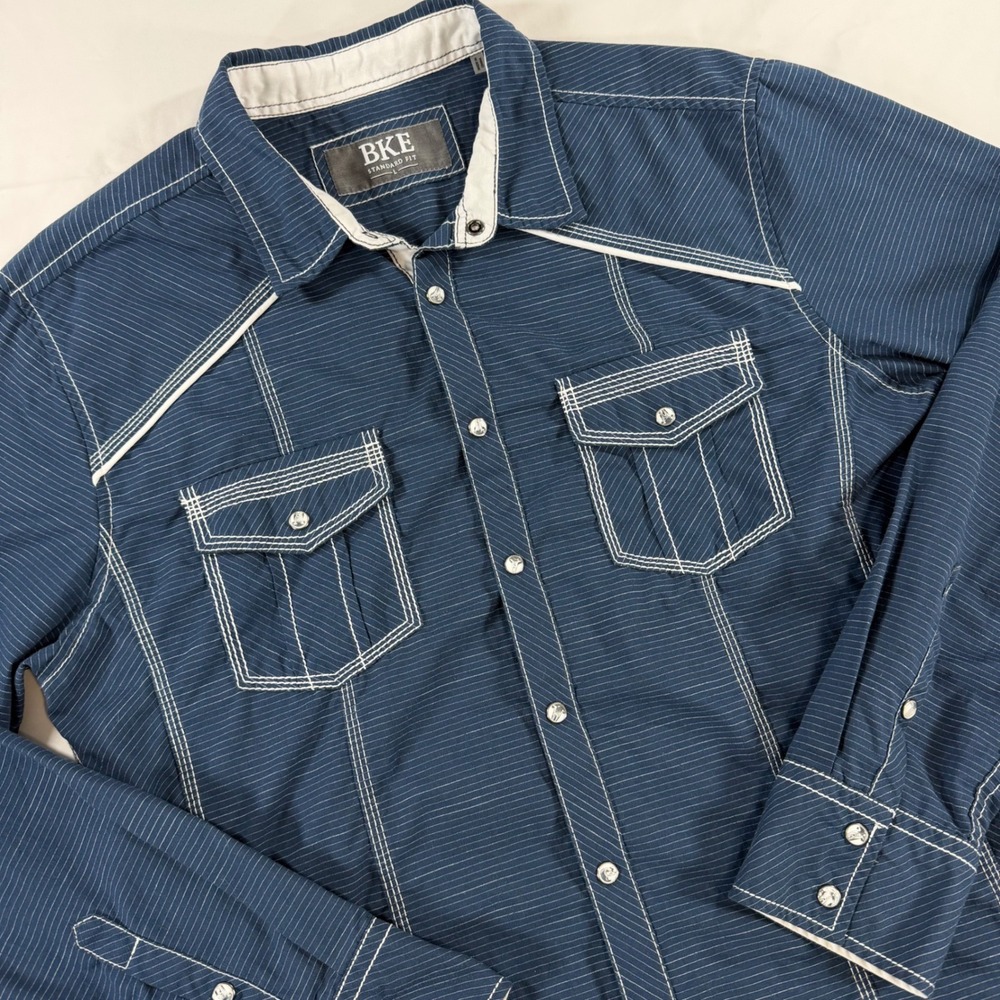 BKE Mens Western {Pearl Snap Button Shirt Navy Blue Striped Heavy Stitch Large